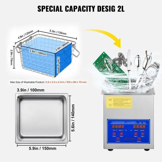 Alt view image 8 of 9 - VEVOR Ultrasonic Cleaner 2L Stainless Steel Digital Jewerly Lab Cleaner w/ Timer