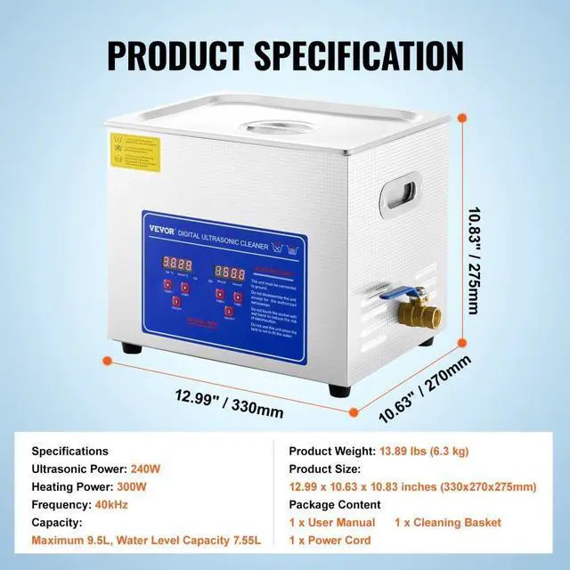 Alt view image 9 of 9 - VEVOR New Stainless Steel 10 L Liter Industry Heated Ultrasonic Cleaner Heater w/Timer
