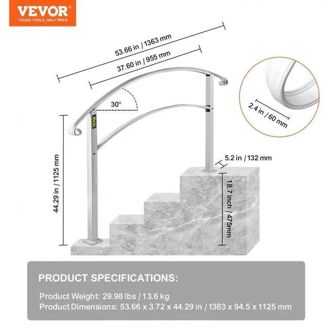 Alt view image 8 of 8 - VEVOR 4 Ft Iron Handrail Adjustable Fits 3 Or 4 Steps Handrail Grab Handrail Garden