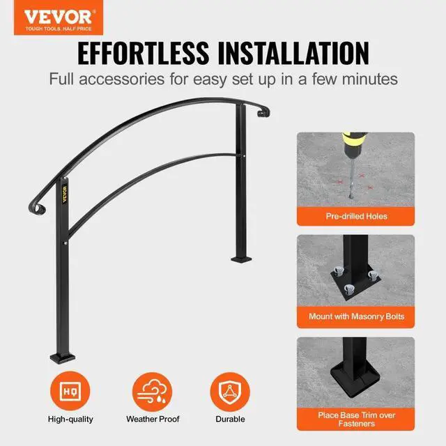 Alt view image 2 of 7 - VEVOR Handrails for Outdoor Steps, Fit 1 or 5 Steps Outdoor Stair Railing, Black Wrought Iron Handrail, Flexible Front Porch Hand Rail, Transitional Handrails for Concrete Steps or Wooden Stairs