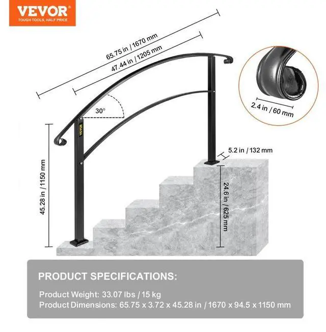 Alt view image 7 of 7 - VEVOR Handrails for Outdoor Steps, Fit 1 or 5 Steps Outdoor Stair Railing, Black Wrought Iron Handrail, Flexible Front Porch Hand Rail, Transitional Handrails for Concrete Steps or Wooden Stairs