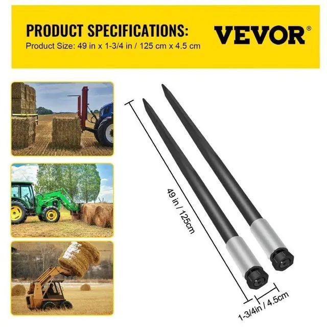Alt view image 8 of 8 - VEVOR 2pcs 49" Square Hay Bale Spear 4000lbs Capacity 1 3/4" Wide Skidsteer Spike Fork