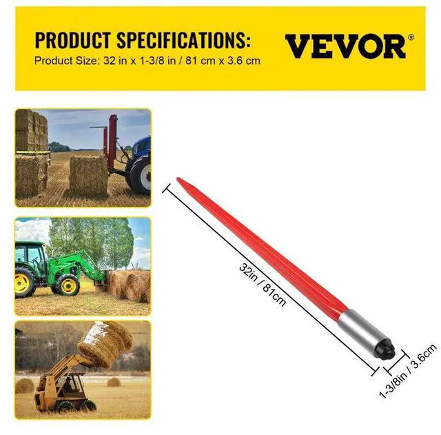 Alt view image 8 of 8 - VEVOR 32" 1350 lbs Capacity Square Hay Bale Spear Nut Tach Bobcat 1 3/8Wide Tine