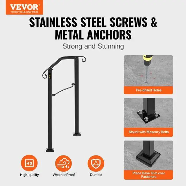 Alt view image 4 of 9 - VEVOR Fits 1 Step Handrail Arch Stair Rail Matte Black Iron Powder Coating Brick Steps