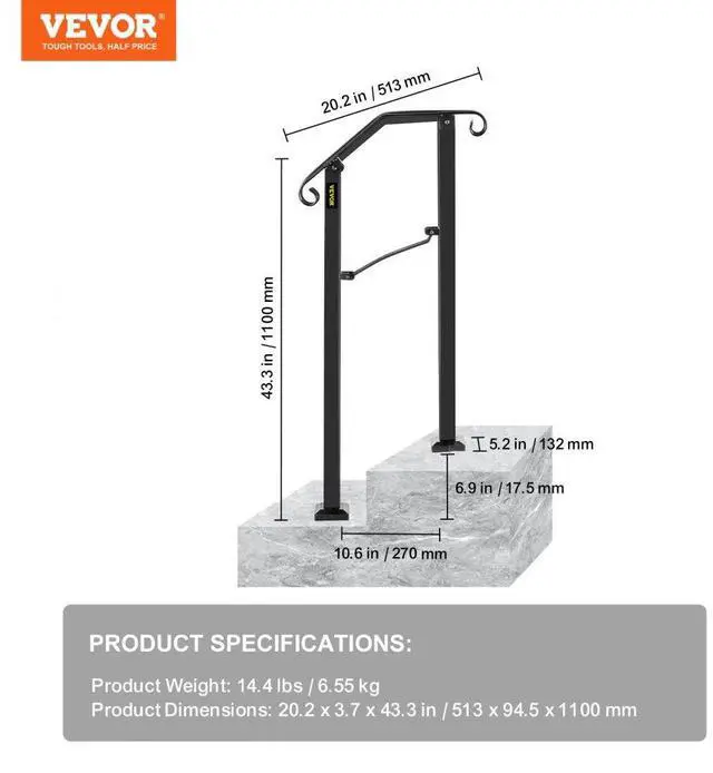 Alt view image 9 of 9 - VEVOR Fits 1 Step Handrail Arch Stair Rail Matte Black Iron Powder Coating Brick Steps
