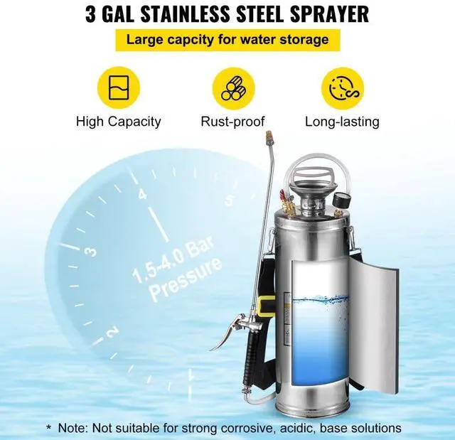 Alt view image 5 of 9 - VEVOR 3gal/10l Stainless Steel Sprayer Valve 3.3-inch Reinforced Hose Ground Cleaning