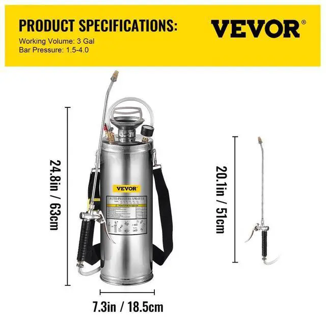 Alt view image 9 of 9 - VEVOR 3gal/10l Stainless Steel Sprayer Valve 3.3-inch Reinforced Hose Ground Cleaning