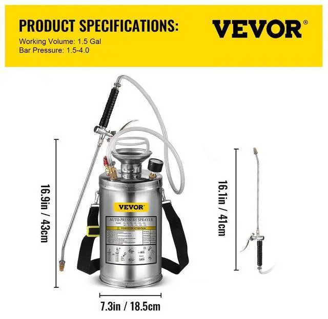 Alt view image 9 of 9 - VEVOR 1.5 Gal. Industrial Contractor Stainless Steel Concrete Sprayer Garden