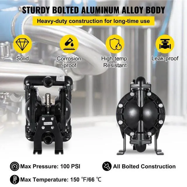 Alt view image 4 of 8 - VEVOR Air-operated Double Diaphragm Pump 1" Inlet Outlet Petroleum Fluids 35gpm 120psi