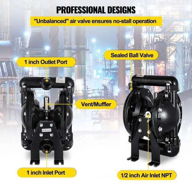 Alt view image 6 of 8 - VEVOR Air-operated Double Diaphragm Pump 1" Inlet Outlet Petroleum Fluids 35gpm 120psi