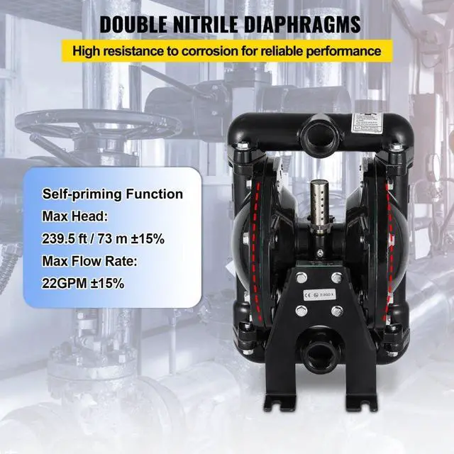 Alt view image 5 of 8 - VEVOR Air-operated Double Diaphragm Pump 1" Inlet Outlet Petroleum Fluids 35gpm 120psi