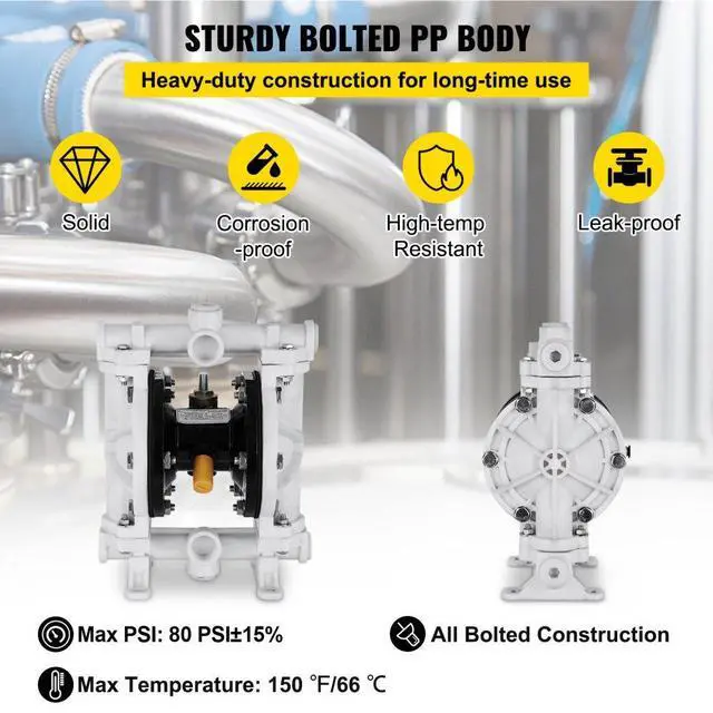 Alt view image 4 of 8 - VEVOR Air-Operated Double Diaphragm Pump 1/2"Inlet Outlet Petroleum Fluid 13GPM 100PSI