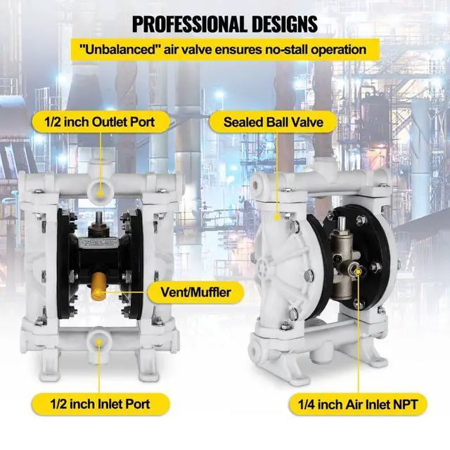 Alt view image 6 of 8 - VEVOR Air-Operated Double Diaphragm Pump 1/2"Inlet Outlet Petroleum Fluid 13GPM 100PSI