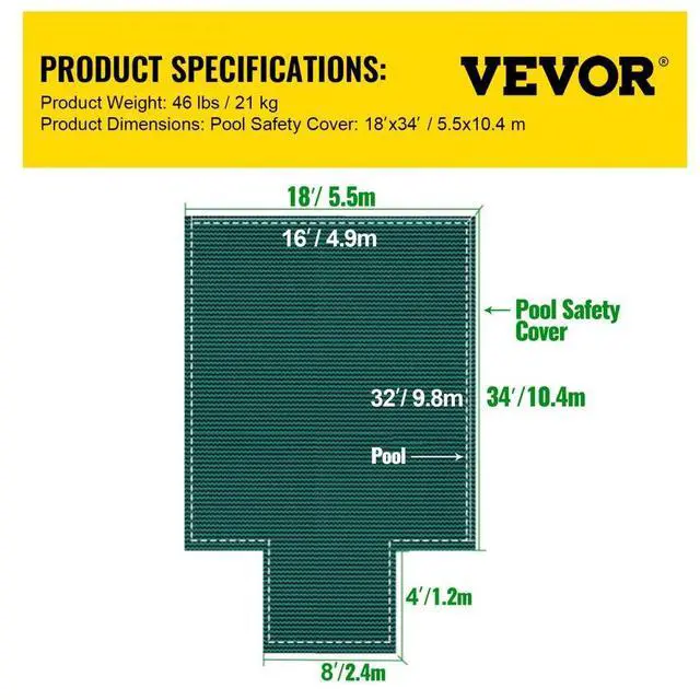 Alt view image 15 of 15 - VEVOR Pool Safety Cover Fits 16x32ft Rectangle Inground Safety Pool Cover Green Mesh with 4x8ft Center End Steps Solid Pool Safety Cover for Swimming Pool Winter Safety Cover