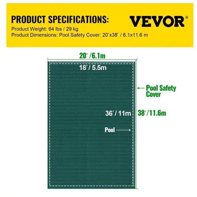 Alt view image 16 of 16 - VEVOR Pool Safety Cover Fits 18x36ft Rectangle Inground Safety Pool Cover Green Mesh Solid Pool Safety Cover for Swimming Pool Winter Safety Cover