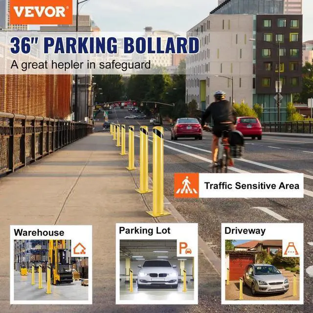 Alt view image 3 of 8 - VEVOR Safety Bollard Steel Bollard Post 36"H 4.5"D Yellow Signs Pipe Steel Barrier