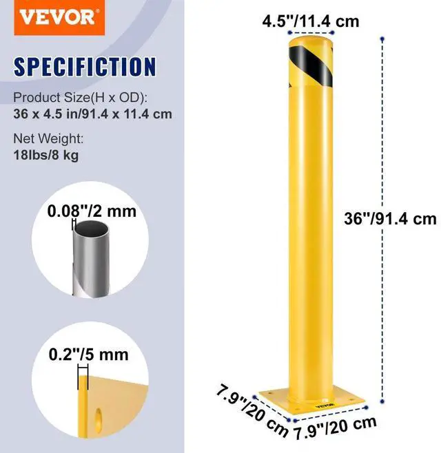 Alt view image 8 of 8 - VEVOR Safety Bollard Steel Bollard Post 36"H 4.5"D Yellow Signs Pipe Steel Barrier