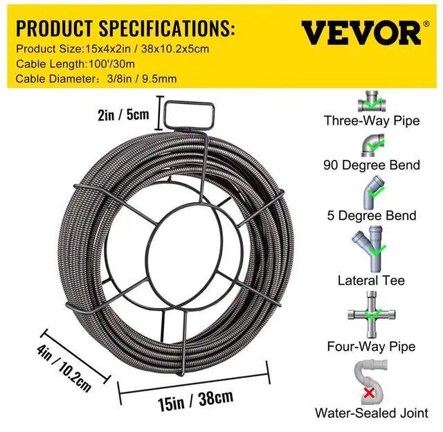 Alt view image 10 of 10 - VEVOR Drain Cable Sewer Cable 100' X 3/8'' Drain Cleaning Cable Auger Snake Pipe
