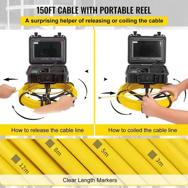 Alt view image 7 of 9 - VEVOR 150ft Pipe Inspection Camera HD 1200 TVL Drain Sewer Camera 9 in. LCD Monitor