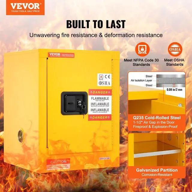 Alt view image 3 of 8 - VEVOR 12 Gallon Yellow Safety Storage Cabinet For Flammable Liquid Leak-proof Manual Close
