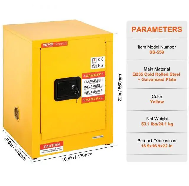 Alt view image 4 of 8 - VEVOR 12 Gallon Yellow Safety Storage Cabinet For Flammable Liquid Leak-proof Manual Close