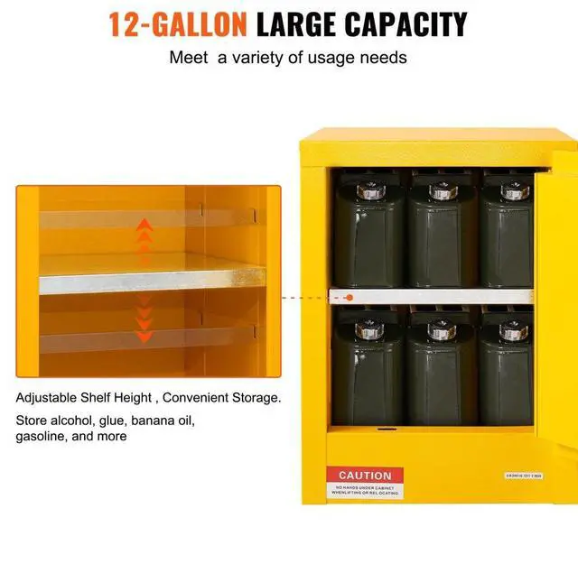 Alt view image 6 of 8 - VEVOR 12 Gallon Yellow Safety Storage Cabinet For Flammable Liquid Leak-proof Manual Close