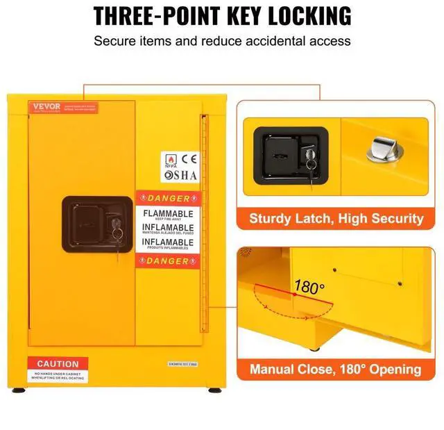Alt view image 7 of 8 - VEVOR 12 Gallon Yellow Safety Storage Cabinet For Flammable Liquid Leak-proof Manual Close