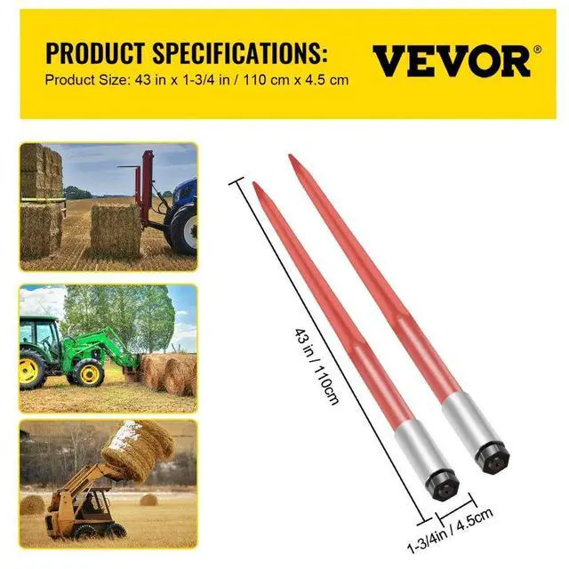Alt view image 8 of 8 - VEVOR 2pcs 43" Square Hay Bale Spear 3000lbs Capacity Red Spike Fork 1 3/4" Wide