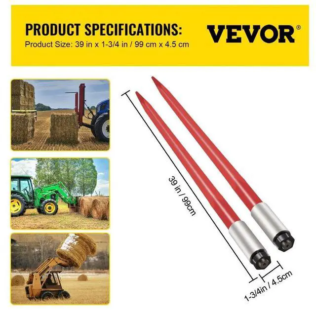 Alt view image 9 of 9 - VEVOR 2PCS 39" 3000 lbs Hay Spears Nut Sleeve Bale Spike Fork Tine pair Skidsteer