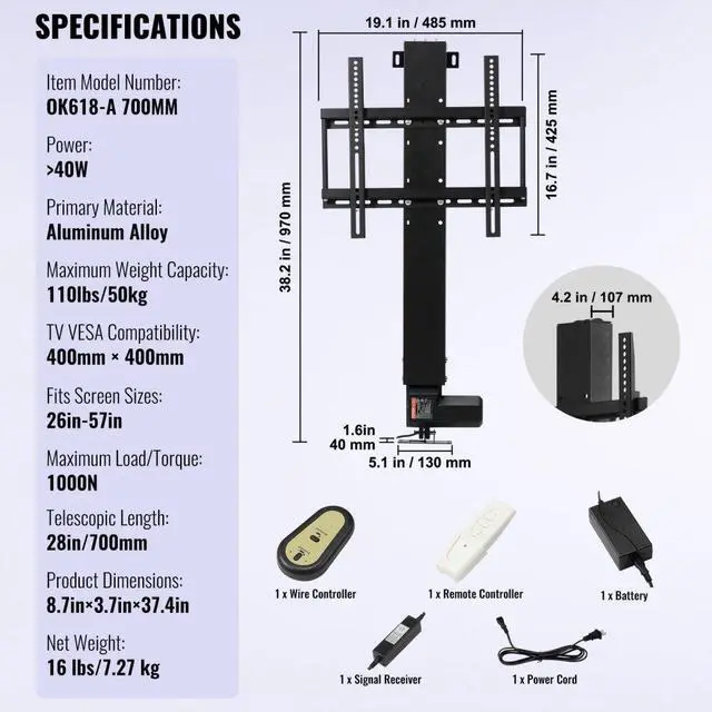 Alt view image 8 of 8 - VEVOR 28" Motorized Tv Lift Mount Bracket For 26-57" Tvs 700mm Stroke Electric Durable
