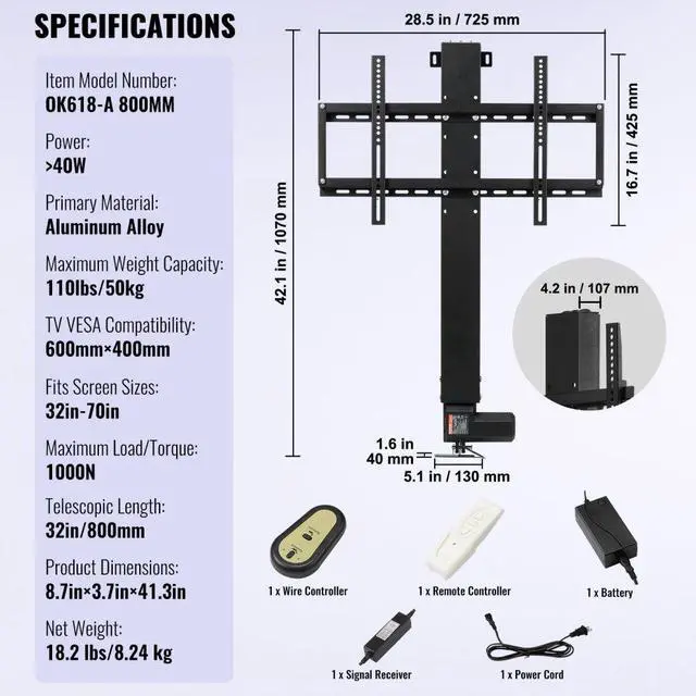 Alt view image 7 of 7 - VEVOR Motorized TV Lift Stroke Length 31 Inches Motorized TV Mount Fit for Max.60 Inch TV Lift with Remote Control Height Adjustable 42-73 Inch,Load Capacity 132 Lbs