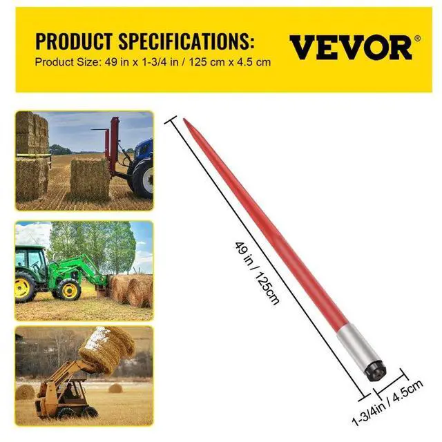 Alt view image 8 of 8 - VEVOR 49" Square HD Hay Bale Spear 4500 lb Capacity 1-3/4" Wide w/ Nut C3 Sleeve