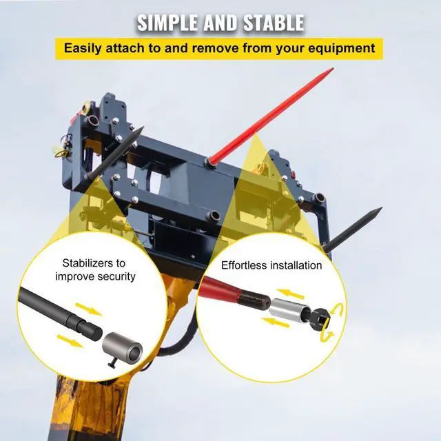 Alt view image 6 of 8 - VEVOR 49" 3000 lbs Hay Bale Spear & 2 Stabilizers Tach Bobcat Conus 2 Spike Skid