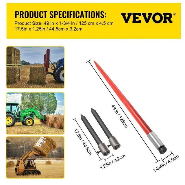 Alt view image 8 of 8 - VEVOR 49" 3000 lbs Hay Bale Spear & 2 Stabilizers Tach Bobcat Conus 2 Spike Skid