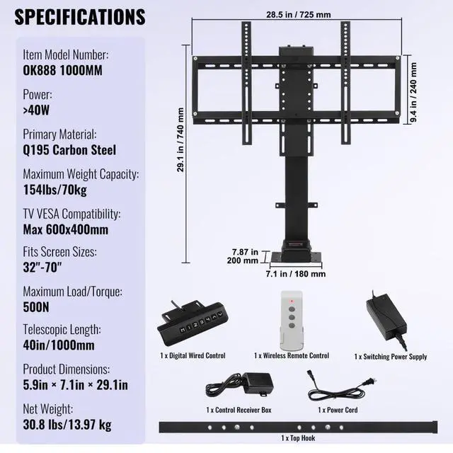 Alt view image 8 of 8 - VEVOR Tv Lift Motor For 37 ~ 65 Tvs Height Adjustable W/ Remote Controller