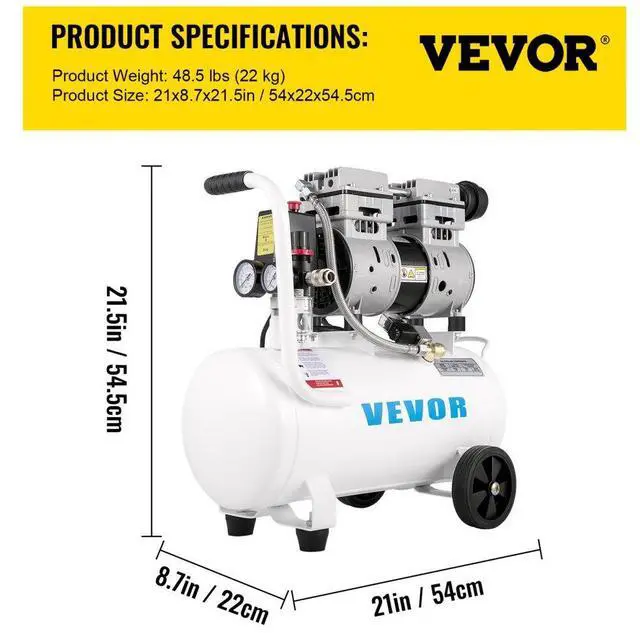 Alt view image 8 of 8 - VEVOR Oil Free Air Compressor Air Inflator 750W w/6.6 Gallon Tank Ultra Quiet