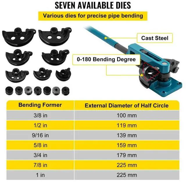 Alt view image 6 of 9 - VEVOR Pipe Bender, Manual Bench Bending Machine 3/8"-1" Tube Bender Set 7 Dies