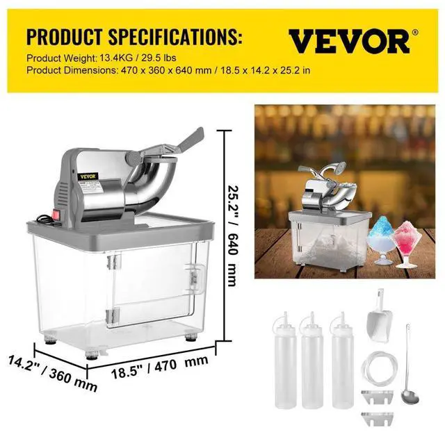Alt view image 8 of 8 - VEVOR Commercial Snow Cone Machine Ice Shaver Ice Crusher Ice Blender Dual Blades Etl