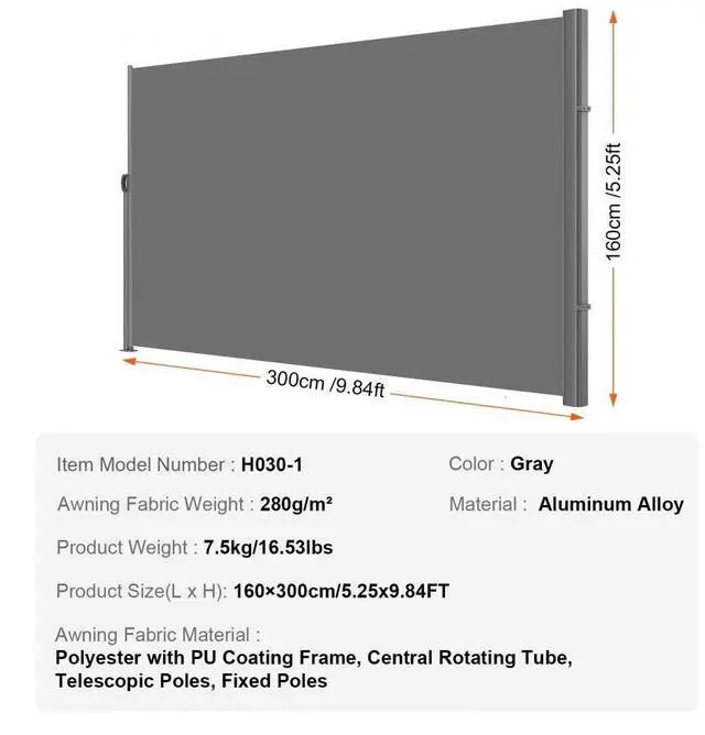 Alt view image 8 of 8 - VEVOR Retractable Side Awning Patio Screen Retractable Fence 63x118inch Privacy Screen