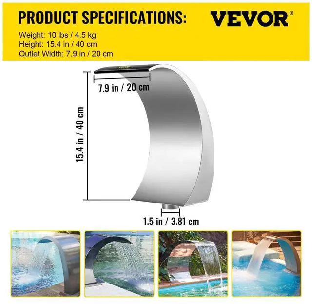 Alt view image 8 of 8 - VEVOR Pool Waterfall Fountain Stainless Steel 20cm X 40cm For Pool Garden Outdoor