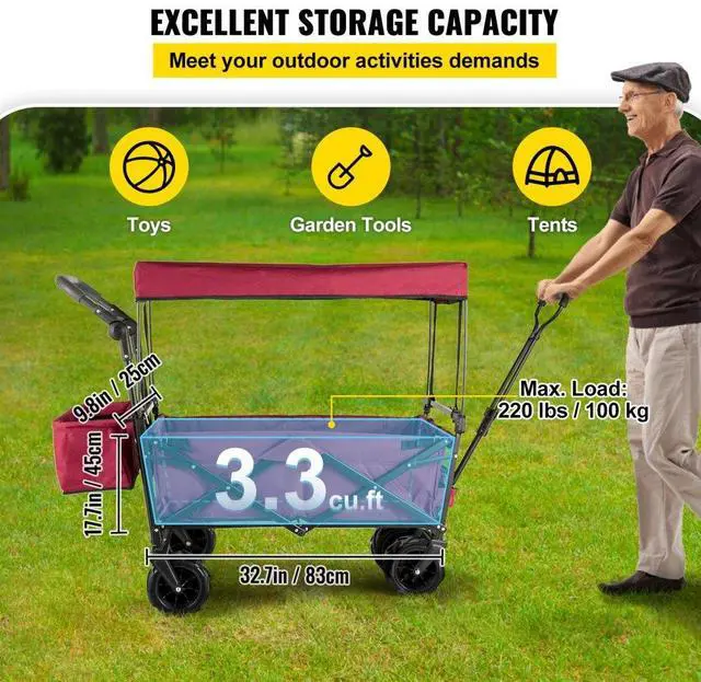 Alt view image 4 of 8 - VEVOR Folding Wagon Cart Collapsible Garden Cart w/Canopy 220lbs Big Wheels
