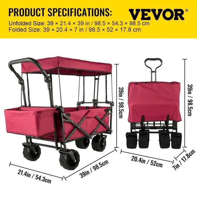 Alt view image 8 of 8 - VEVOR Folding Wagon Cart Collapsible Garden Cart w/Canopy 220lbs Big Wheels