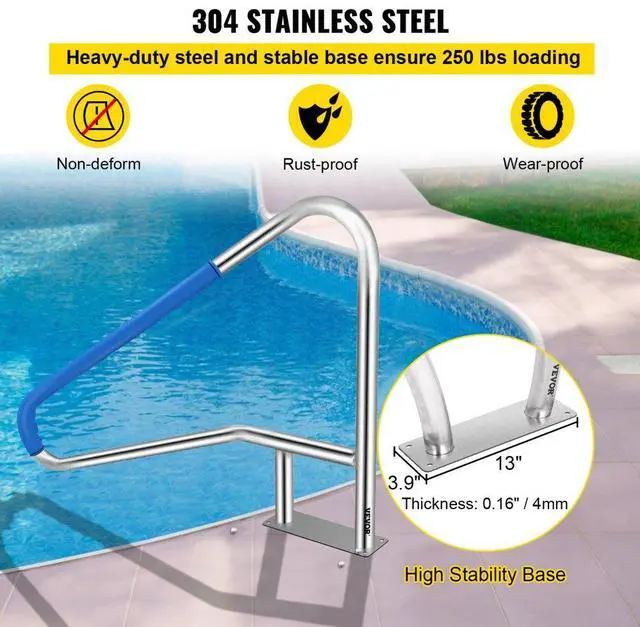 Alt view image 5 of 8 - VEVOR Pool Rail Pool Railing 55x32" Pool Handrail Stainless Steel W/ Grip Cover