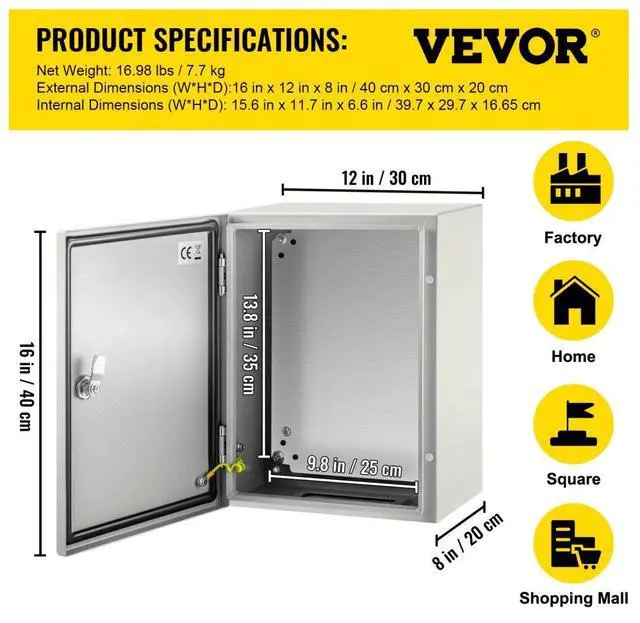 Alt view image 8 of 8 - VEVOR Steel Electrical Box Electrical Enclosure Box 16x12x8'' Carbon Steel Ip65