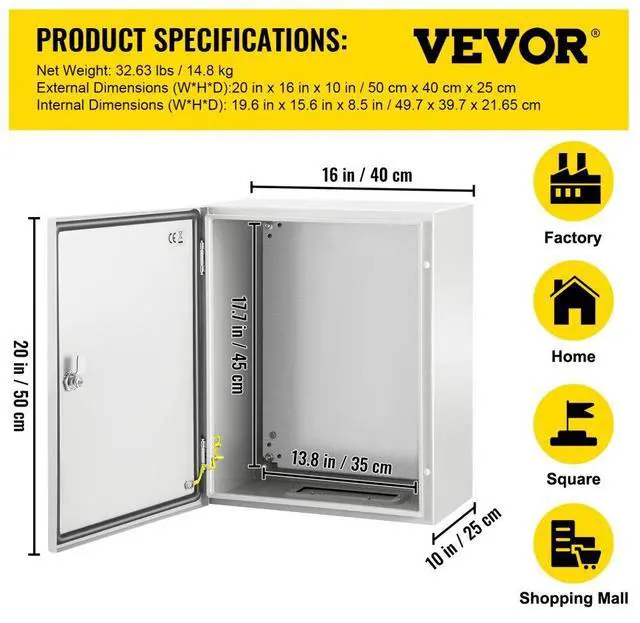 Alt view image 8 of 8 - VEVOR Steel Electrical Box Electrical Enclosure Box 20x16x10'' Carbon Steel Ip65
