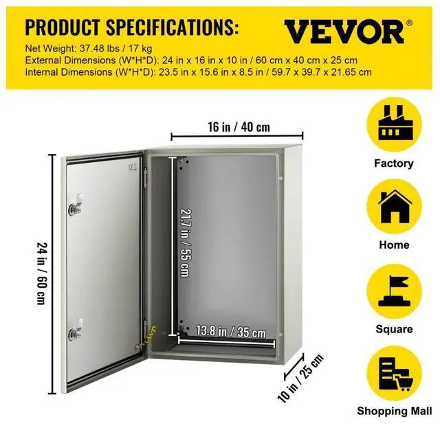 Alt view image 8 of 8 - VEVOR 24x16x10'' Carbon Steel Electrical Enclosure Wall Mount Junction Box Ip65