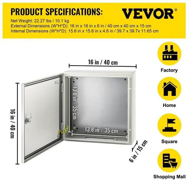 Alt view image 8 of 8 - VEVOR 16x16x6'' Carbon Steel Electrical Enclosure Wall Mount Junction Box Ip65