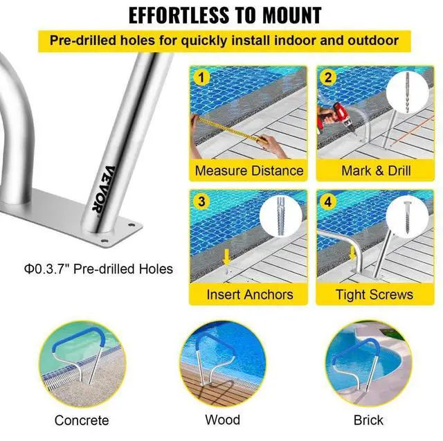 Alt view image 6 of 8 - VEVOR Pool Rail Pool Railing 39x32" Pool Handrail Stainless Steel W/ Grip Cover