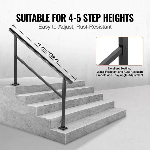 Alt view image 4 of 8 - VEVOR Stair Handrail Fits 4 or 5 Steps Handrail Stair Railing Outdoor Porch Hand Rails