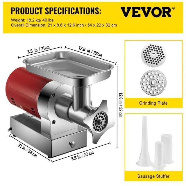 Alt view image 15 of 15 - VEVOR Electric Meat Grinder Meat Mincer 661Lbs/H Sausage Maker 1.5HP Red Drawer
